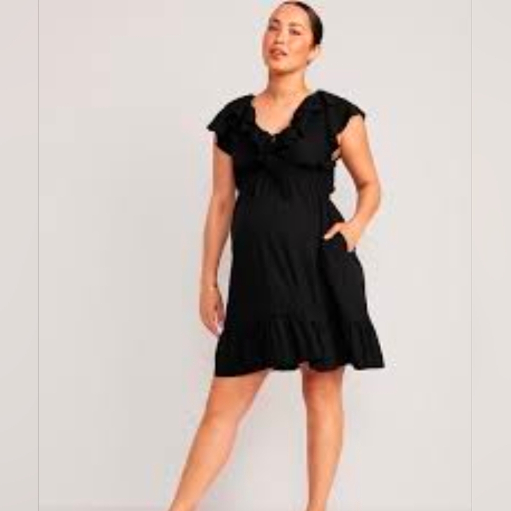 Old Navy Black Maternity Waist-Defined Ruffle-Trim Mini Dress Bohemia Sz XL NEW